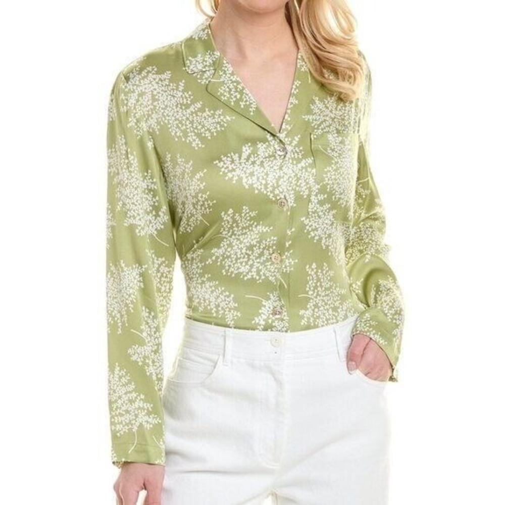 Rebecca Taylor Size Medium Green Satin Fleur Fern Floral Blouse Casual Career